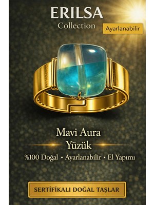 Erilsa Sertifikalı Mavi Aura Kuvars Yüzük Doğal Taş Yüzük Ayarlanabilir El Yapımı Enerji Taşı