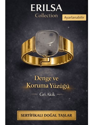 Erilsa Sertifikalı Gri Akik Yüzük Doğal Taş Ayarlanabilir El Yapımı Taş Yüzük