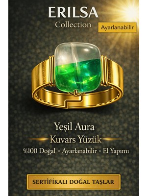 Erilsa Sertifikalı Yeşil Aura Kuvars Yüzük Doğal Taş Yüzük Ayarlanabilir El Yapımı Enerji Taşı