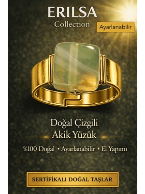 Erilsa Sertifikalı Doğal Yeşil Çizgili Akik Yüzük – Doğal Ayarlanabilir El Yapımı