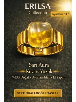 Erilsa Sertifikalı Sarı Aura Kuvars Yüzük Doğal Taş Yüzük Ayarlanabilir El Yapımı Enerji Taşı