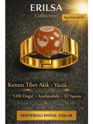 Erilsa Sertifikalı Kırmızı Tibet Akik Yüzük Doğal Taş Yüzük Ayarlanabilir El Yapımı Enerji Taşı