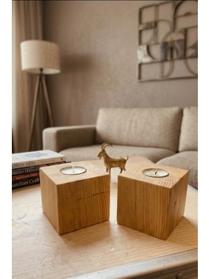 Doğal Masif Ahşap Küp Mumluk - 2'li Set Hediyelik Tealight Mum Tutucu Dekoratif Obje