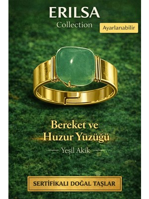 Erilsa Sertifikalı Bereket ve Huzur Yüzüğü Yeşil Akik Doğal Taş Yüzük Ayarlanabilir El Yapımı