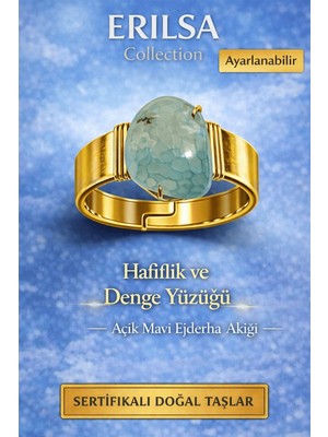 Erilsa Sertifikalı Hafiflik ve Denge Yüzüğü Açık Mavi Ejderha Akik Doğal Taş Yüzük Ayarlanabilir