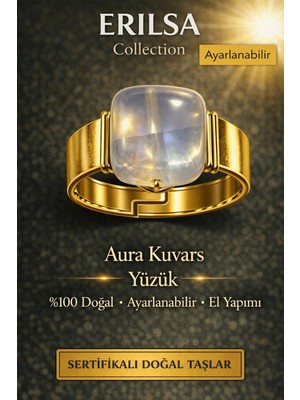 Erilsa Sertifikalı Aura Kuvars Yüzük Doğal Taş Yüzük Ayarlanabilir El Yapımı Enerji Taşı