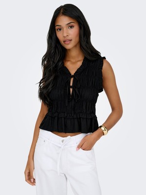 Only Onlgoa S/s Lınen Bl Frıll Top cc Pnt Kadın T-Shirt 15363693 Black