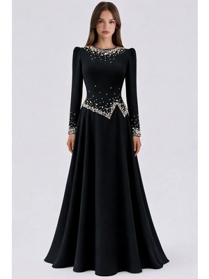 Olcay Inci Süslemeli Krep Tesettür Abiye Elbise Siyah 1691