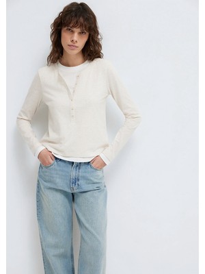 Mavi Düğmeli Uzun Kol Ekru Tişört 1614175-91336