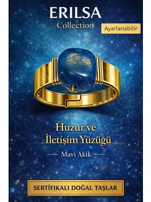 Erilsa Sertifikalı Huzur ve Iletişim Yüzüğü Mavi Akik Doğal Taş Yüzük Ayarlanabilir El Yapımı