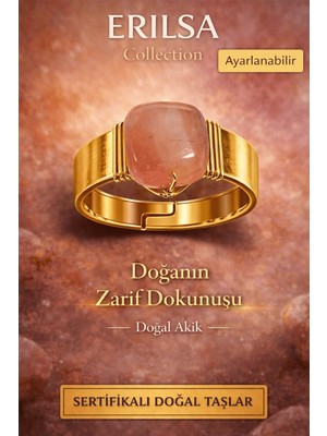 Erilsa Sertifikalı Doğal Akik Taşı Yüzük Ayarlanabilir El Yapımı Doğal Taş Yüzük