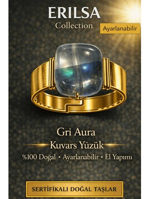 Erilsa Sertifikalı Gri Aura Kuvars Yüzük Doğal Taş Yüzük Ayarlanabilir El Yapımı Enerji Taşı