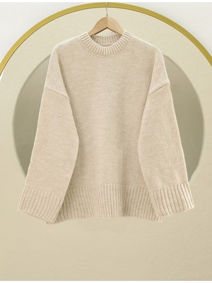 Modamorfo Bisiklet Yaka Eteği Fitilli Salaş Triko Kazak -Taş