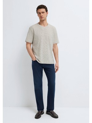 Mavi Keten Karışımlı Çizgili Tişört 0613294-86623