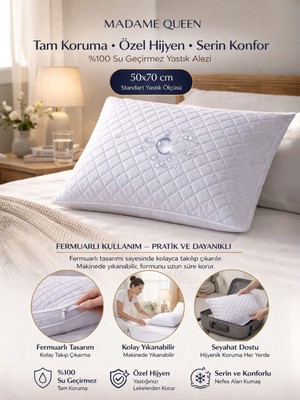 Madame Queen Premium 50X70 Su ve Sıvı Geçirmez Yastık Alezi - Fermuarlı Kapitone Yastık Koruyucu