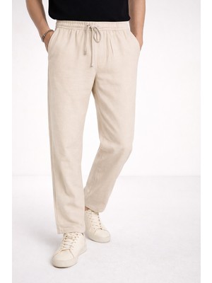 Erkek Bej Rahat Kesim Lastikli Bel Keten Pantolon