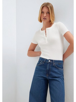 Mavi Yarı Düğmeli Ekru Basic Tişört 1613806-80194