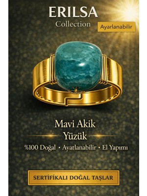 Erilsa Sertifikalı Mavi Akik Yüzük Doğal Taş Yüzük Ayarlanabilir El Yapımı Enerji Taşı