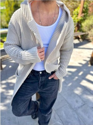 Elku Moda Hırka Kapüşonlu Cepli Naturel Pamuk Salaş Lazer Kesim Yırtık Detaylı Örgü Triko Uzun Panço Hırka