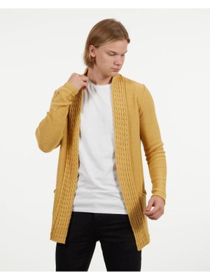 Elku Moda Şal Yaka Desenli Örgü Triko Uzun Hırka Tüylenmez Yumuşak ve Şık Cepli Rahat Kesim Hırka