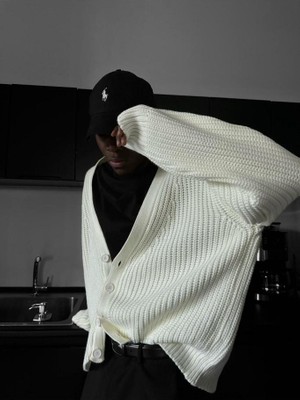 Elku Moda Naturel Pamuk Örgülü Desenli Triko Hırka Şal Yaka Düğme Kapamalı Detaylı Şık Dökümlü Hırka