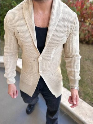 Elku Moda Hırka Örgülü Şal Yaka Cepli Lazer Yırtık Detaylı Tüylenmez Örgü Triko Hırka