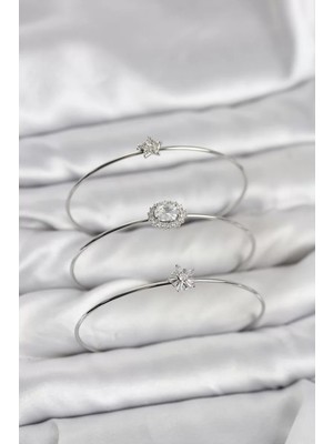 Senka Zirkon Taşlı Gümüş Renk Tek Taş Model 3'lü Kadın Bileklik Kombini - TJ-BB8350