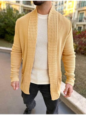 Elku Moda Hırka Örgülü Şal Yaka Desenli Yaka Cepli Tüylenmez Örgü Triko Uzun Hırka