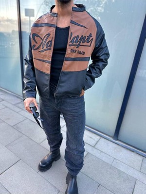 Elku Moda Kolej Ceket Bomber Ceket Deri Mont Oversize Fermuarlı Cepli Deri Ceket