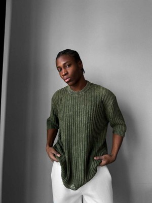 Elku Moda Retro Oversize Eskitme Detaylı Fitilli Triko Tişört Vintage Yıkamalı Kısa Kollu Knitwear T-Shirt