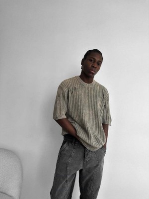 Elku Moda Retro Oversize Eskitme Detaylı Fitilli Triko Tişört Vintage Yıkamalı Kısa Kollu Knitwear T-Shirt