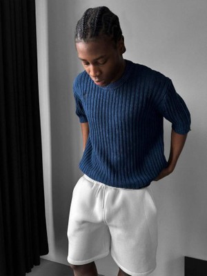 Elku Moda Retro Oversize Eskitme Detaylı Fitilli Triko Tişört Vintage Yıkamalı Kısa Kollu Knitwear T-Shirt