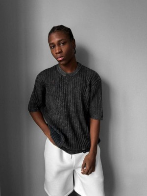 Elku Moda Retro Oversize Eskitme Detaylı Fitilli Triko Tişört Vintage Yıkamalı Kısa Kollu Knitwear T-Shirt