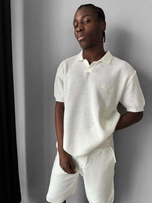 Elku Moda Erkek Petek Dokulu Triko Polo Yaka Tişört Nakışlı Örme Kısa Kollu Oversize Polo T-Shirt