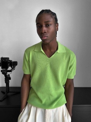 Elku Moda Erkek Italyan Yaka Yarım Oversize Triko Tişört Rahat Kesim Örme Polo Yaka T-Shirt