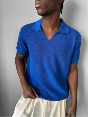 Elku Moda Erkek Italyan Yaka Yarım Oversize Triko Tişört Rahat Kesim Örme Polo Yaka T-Shirt