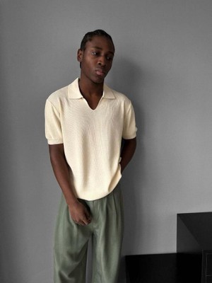 Elku Moda Erkek Italyan Yaka Yarım Oversize Triko Tişört Rahat Kesim Örme Polo Yaka T-Shirt