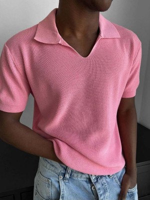 Elku Moda Erkek Italyan Yaka Yarım Oversize Triko Tişört Rahat Kesim Örme Polo Yaka T-Shirt