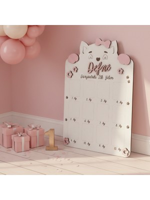 Gralanda Kız Bebek 1 Yaş 12 Ay Doğumgünü Kişiye Özel Pembe Kedi Temalı Ahşap Fotoğraf Panosu