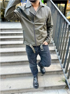 Elku Moda Deri Mont Çapraz Fermuarlı Kemerli Yeni Sezon Cepli Deri Ceket