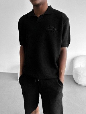 Elku Moda Erkek Petek Dokulu Triko Polo Yaka Tişört Nakışlı Örme Kısa Kollu Oversize Polo T-Shirt