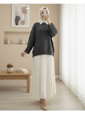 Modamorfo Bisiklet Yaka Eteği Fitilli Salaş Triko Kazak -Füme