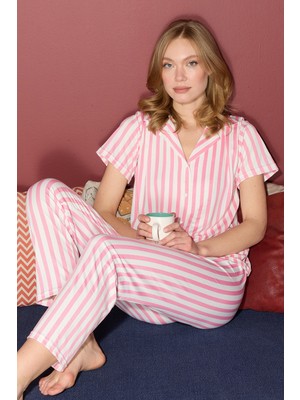 FullaModa Çizgili Gömlek Yaka Düğmeli Pijama Takımı
