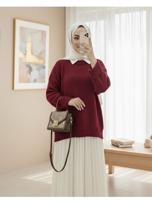 Modamorfo Bisiklet Yaka Eteği Fitilli Salaş Triko Kazak -Bordo
