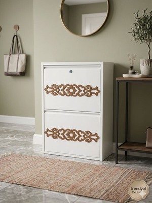 Arinna 2'li Kilitli Beyaz Yıldız Ahşap Desenli Metal Ayakkabılık