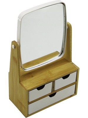 K-yonlineticaret 3 Çekmeceli Bambu Ahşap STANDLI=9X9.5X18X21.5CM Makyaj AYNASI=15X18CM Takılık 2+1 Organizer (5501)