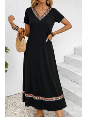 Livizmir Moda Kadın Kısa Kollu V Yakalı Etnik Şerit Detaylı Uzun Viskon