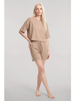 Modaserdem Akbeniz Kısa Kollu Şortlu Pijama Takımı Bej