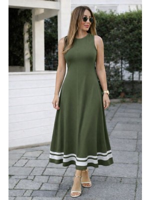 Nidam Butik Kadın Askılı Yuvarlak Yakalı Etek Ucu Şerit Detaylı Uzun Viskon Elbise
