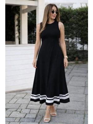 Serac Collection Kadın Askılı Yuvarlak Yakalı Etek Ucu Şerit Detaylı Uzun Viskon Elbise